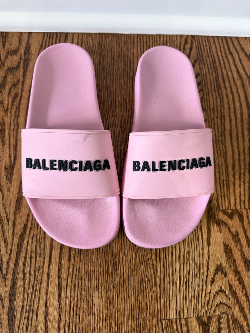 Balenciaga Pink Logo Slide Sandals with Black Lettering
